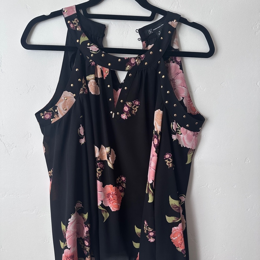 INC Cold Shoulder Black Floral Blouse